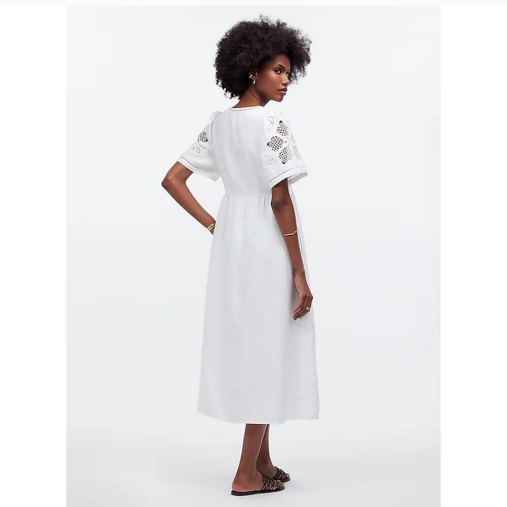 Madewell Cassie Button-Front Midi Dress in Embroidered Linen NWT S NQ631 White - Picture 3 of 10